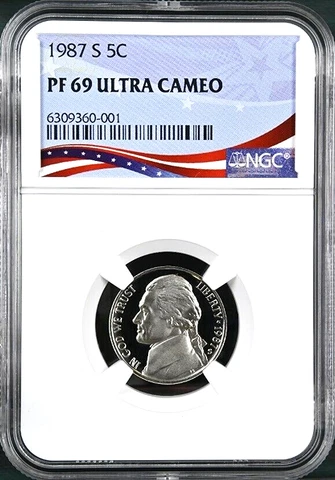 1987-S Proof Jefferson Nickel, Graded PF69UC NGC * OSR Sales Patriotic Label Cover