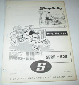 Simplicity Serf 525 MFG, No. 485 Riding Tractor Owners/Parts Manual ORIGINAL! - Picture 1 of 3
