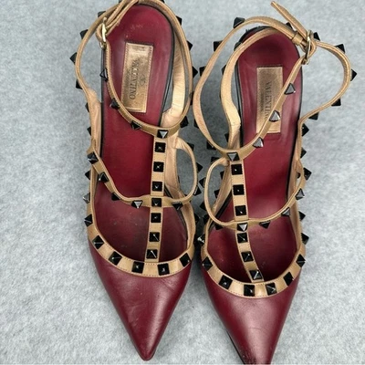 Valentino Rockstud Burgundy Leather T-Strap Pumps Womens Size 40 Pointed Toe - Image 1 of 4