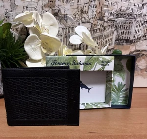 Tommy Bahama Cartera Plegable Cesta Tejido Negro Cuero Repujado Nuevo. - Imagen 1 de 12