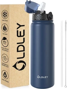 OLDLEY Stainless Steel Water Bottle with Straw 1L Vaccum Insulated Navy Blue - Picture 1 of 7