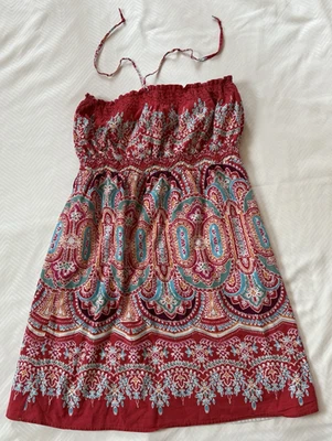 Mini Vestido Solero Sello Húmedo Centro Corbata Forrado Babydoll Paisley Festival Boho Y2K Grande Foto 1 de 4