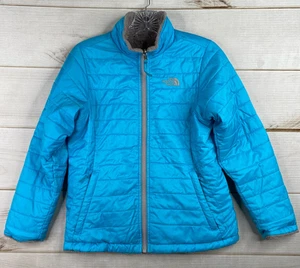The North Face Reversible Jacket Sz L 14/16 Blue Gray Girls Winter Coat Faux Fur - Picture 1 of 11