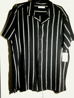 Hombres Negro Rayas Manga Corta Abotonada Nuevo con Etiquetas Sonoma Algodón/Lino Talla XL Foto 1 de 3