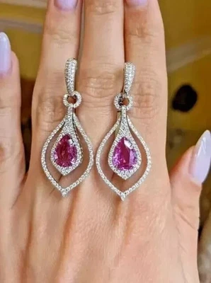 14K White Gold Plated 3Ct Pear Cut Lab-Created Pink Sapphire Drop Dangle Earring - Image 1 of 4