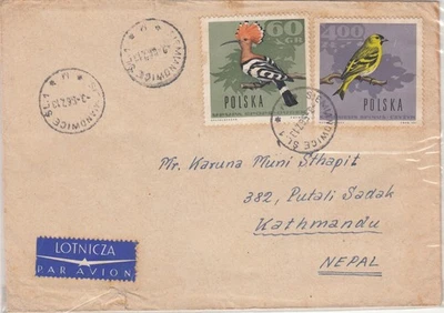 Polonia 1967 Cubierta de correo extranjero a Nepal_usando dos estampillas postales_aves Foto 1 de 2