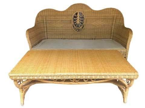 Vintage Wicker High back Sofa and Coffee Table (2pc Set) Cover