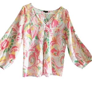 Talbots Women's Floral Puff Sleeve Pleated V Neck Blouse Top Cotton Size S New - Picture 1 of 10