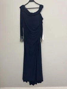 Mac Duggal Navy Blue Long Sleeve Beaded Cuffs Neck Evening Gown Dress Size 12 - Picture 1 of 12