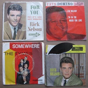 4 old 45 rpm records in sleeves; Fats Domino, Rick Nelson, The Tymes - Picture 1 of 3