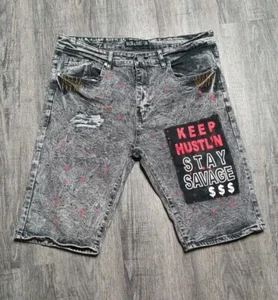 Blue Cult Shorts Mens 36 Gray Keep Hustling Stay Savage Street wear Hip Hop - Picture 1 of 8