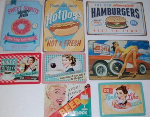 8 Blechschilder Werbung American Style Hot Dog Donuts Beef Hamburger Coffee Beer - Bild 1 von 9
