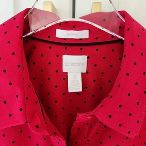 Chicos Non Iron Shirt 3 XL 16 18 Red Black Polka Dot Button Up Collar Long Sleev - Picture 1 of 11