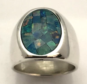 MJG STERLINGSILBER HERRENRING. 18 x 13 mm MOZAIC OPAL DREIFACHKABINE. GRÖSSE 10 1/2 - Bild 1 von 6