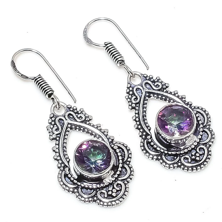 Mystic Rainbow Topaz Gemstone Handmade 925 Sterling Silver Jewelry Earring 1.65" - Image 1 of 1