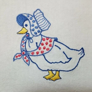 Vtg KITCHEN DISH TOWEL machine embroidered duck with scarf/bonnet cotton wh/blue - Picture 1 of 3