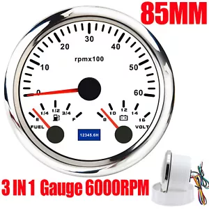 85mm White 3 IN 1 Gauge Tachometer 6000RPM with Fuel Level Volt for Boat Car ATV - Picture 1 of 17