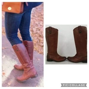 $298 FRYE Melissa Button Leather Boots Pull On Riding 15605 Brown Cognac Size 7B - Picture 1 of 5