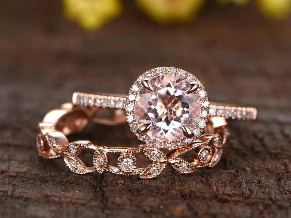 4.00Ct Round Cut Morganite Bridal Set Halo Engagement Ring 14K Rose Gold Finish - Изображение 1 из 1