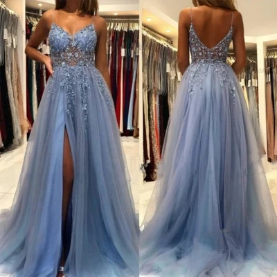 Vestidos de noiva azul celeste decote em V alças de espaguete apliques de renda vestido de noiva praia - Imagem 1 de 4