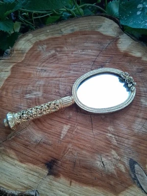 Antique Hand Mirror Felt Backed Victorian Styled "Gold" Mirror Filligree Handle - Image 1 of 4