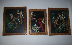 3x Vintage Cartimex FEATHERCRAFT Bird Paintings, hand carved frames, MEXICO - Picture 1 of 24