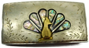 Enlaid Gold Tone Peacock Colorful Abalone Feathers Rectangle Vintage Belt Buckle - Picture 1 of 10