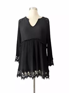 KNOX ROSE Top Small Black Boho Blouse Flowy Crochet Lace Rayon LARGE - Picture 1 of 9