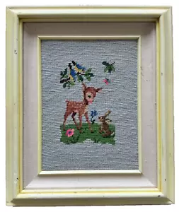 Framed Deer Needlepoint Vintage Cross Stitch Bunny Bird Floral Embroidery Art - Picture 1 of 12