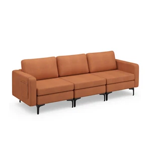 Modern Modular 3-Seat Sofa Couch w/ Side Storage Pocket & Metal Leg Orange - Picture 1 of 9