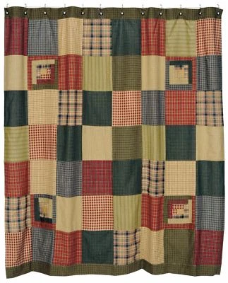 Cortina de ducha con retazos de cabina de troncos verde cabina de té azul borgoña rojo algodón tostado Foto 1 de 4