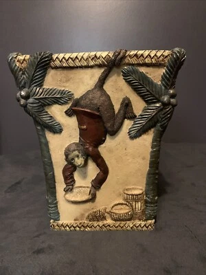 10" Vintage Heavy Resin Raised Relief Monkey & Palm Tree Planter or Waste Basket - Image 1 of 4