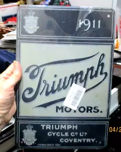 Metal sign Retro 1911 TRIUMPH MOTORS Cycle Co Coventry New approx 8x12” New seal - Picture 1 of 2