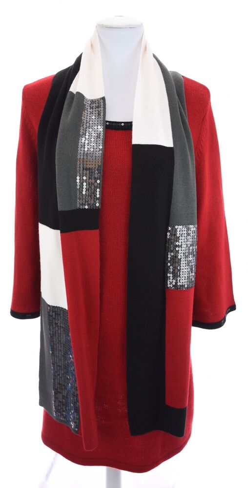 Style & Co Red Black Sequin Trim Embellished Knit Sweater Dress Scarf Set Sz XL