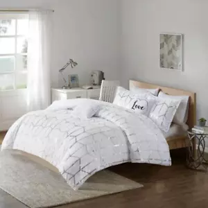 Intelligent Design Comforter Set 90" x 90" Full/Queen Geometric White/Silver - Picture 1 of 8