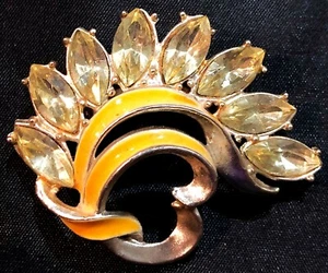 VINTAGE - CITRINE RHINESTONE & ENAMEL BROOCH - Picture 1 of 5