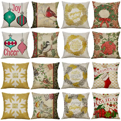 Christmas Bird Print Throw Pillow Cover Farmhouse Xmas Art Deco Cushion Cover - Image 1 of 4