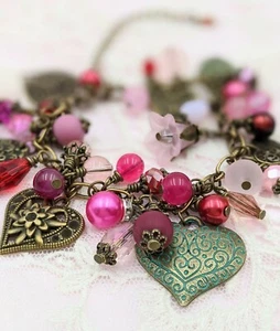 Pulsera Dije Corazón Vintage Cristales Cuentas de Vidrio Ajustable San Valentín - Imagen 1 de 12