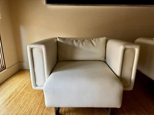 Reupholstered Armchair White Leather With Ottoman - Picture 1 of 4