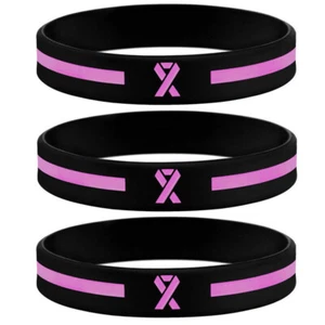 3x Adult Breast Cancer Awareness Pink Ribbon Silicone Bracelets Wristband Bangle - Picture 1 of 11