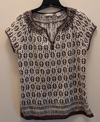 LIZ CLAIBORNE Woman's Brown and White Batik Linen/Cotton Top Size M - Imagem 1 de 4