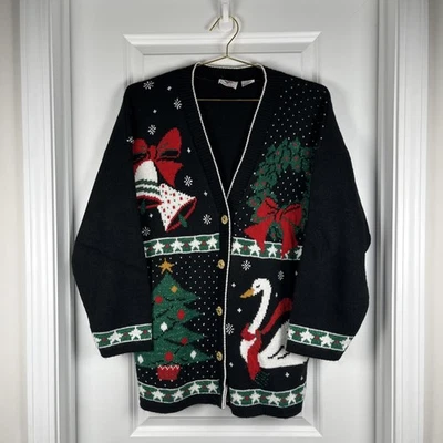 Cascanueces Vintage Navidad Cisne Suéter Adornado Cárdigan Negro Talla S Foto 1 de 4
