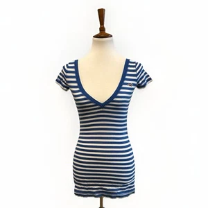 Y2K 2000s Hollister Top Womens Size XS Blue Striped Long Slim Deep V Neck Preppy - Picture 1 of 12