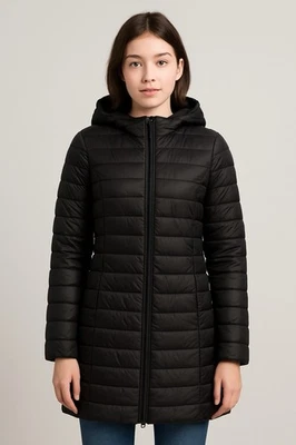 Abrigo Love Tree Puffer Mujer M Negro Con Capucha Largo Embalable Chaqueta Minimalista Foto 1 de 4