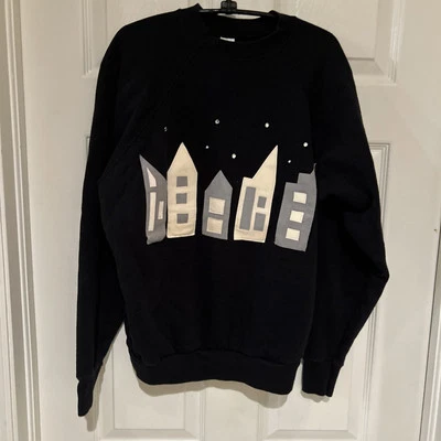 Vintage TULTEX black Sweatshirt Size L buildings rhinestones houses — 第 1/4 张图片