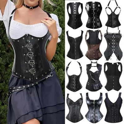 Mujeres Steampunk Corsé Bustier Top Chaleco Con cordones Cintura Entrenador Negro Deshuesado Modelador Foto 1 de 4