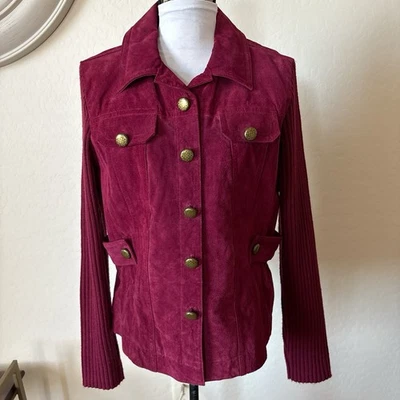 Dressbarn Mujer Mangas Largas Tejidas A Presión Cuero Granate Chaqueta Para Mujer Grande Foto 1 de 4