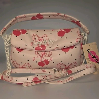 BETSEY JOHNSON LBCORAL Pink Cherries Crossbody Bag Cherry Heart Bow - Image 1 of 4
