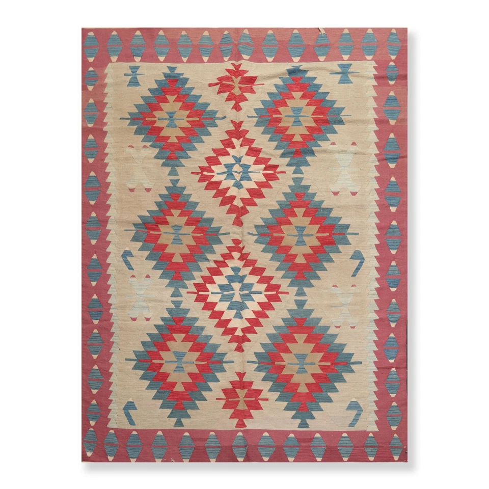 Vintage Hand-Woven Turkish Kilim Southwestern Area Rug Beige 6'1"x8'1" - Image 1 of 4