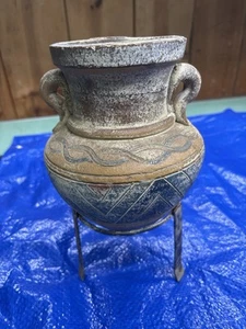 Vintage Terracotta Tribal Pot With Metal Stand 9.5” Rustic Southwest Style - Picture 1 of 6